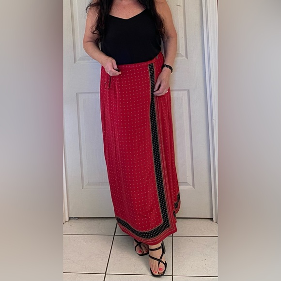 Liz Claiborne Red Long Maxi Silk Boho Style Skirt - Picture 8 of 12